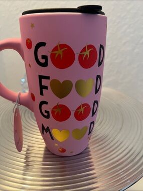 JUBILLIE  NWT Pink  'Good Food Good Mood' Ceramic Travel Mug with gift card